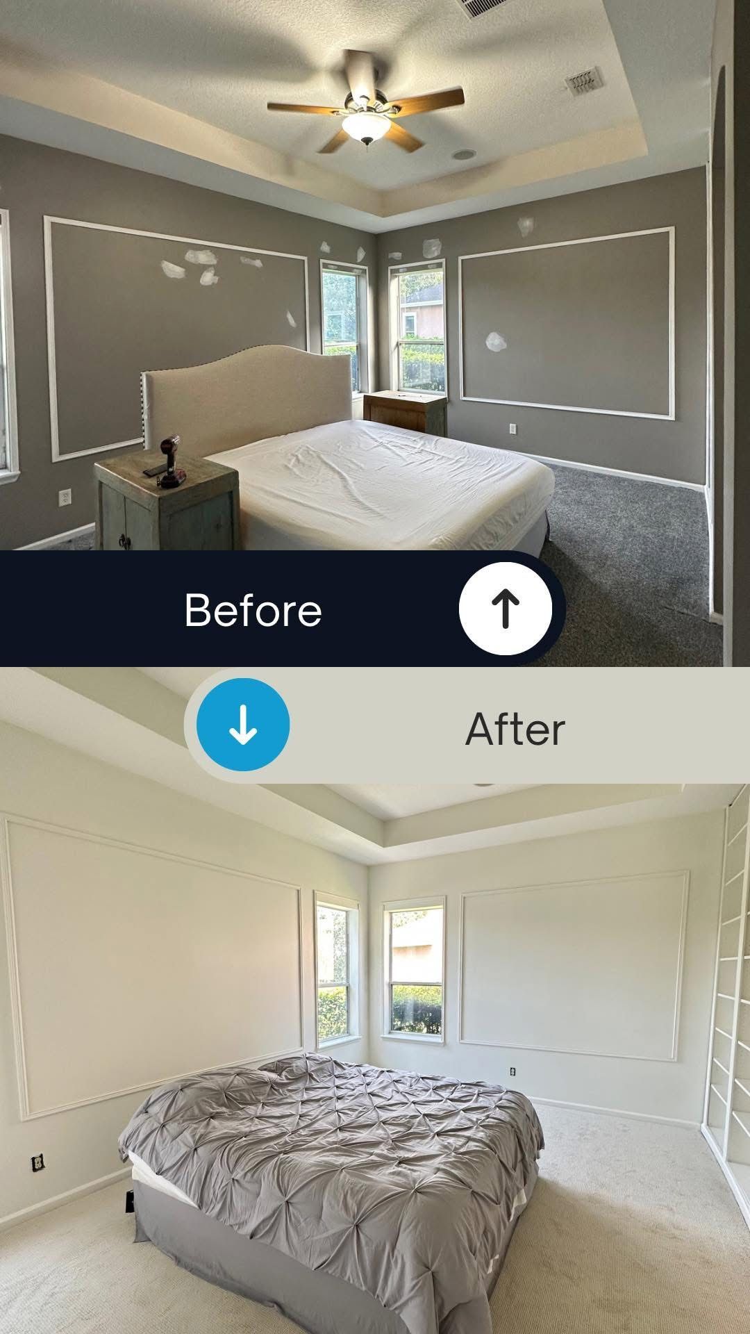 A before and after photo of a bedroom with a bed and a ceiling fan.