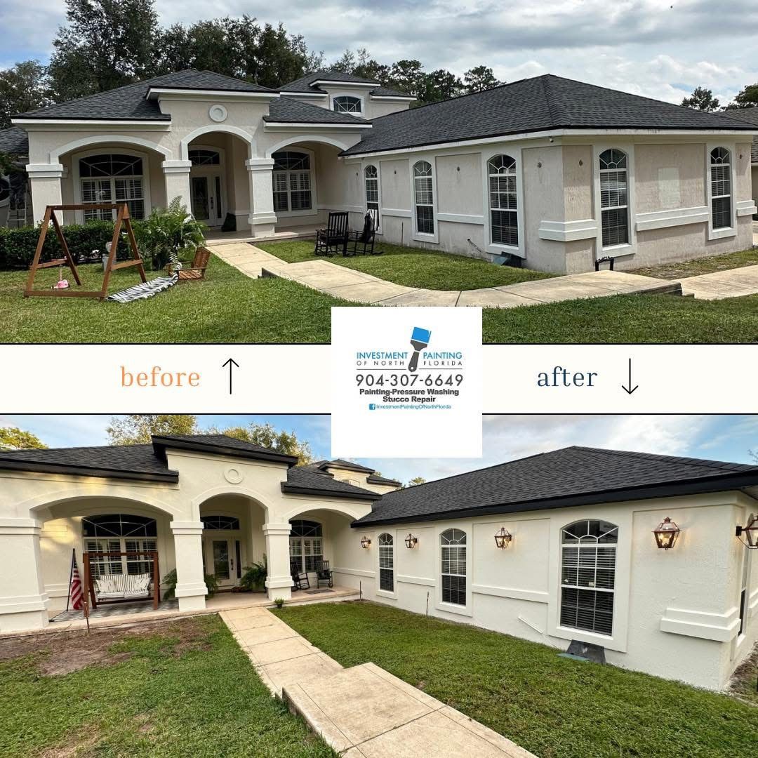A before and after photo of a house with a black roof.