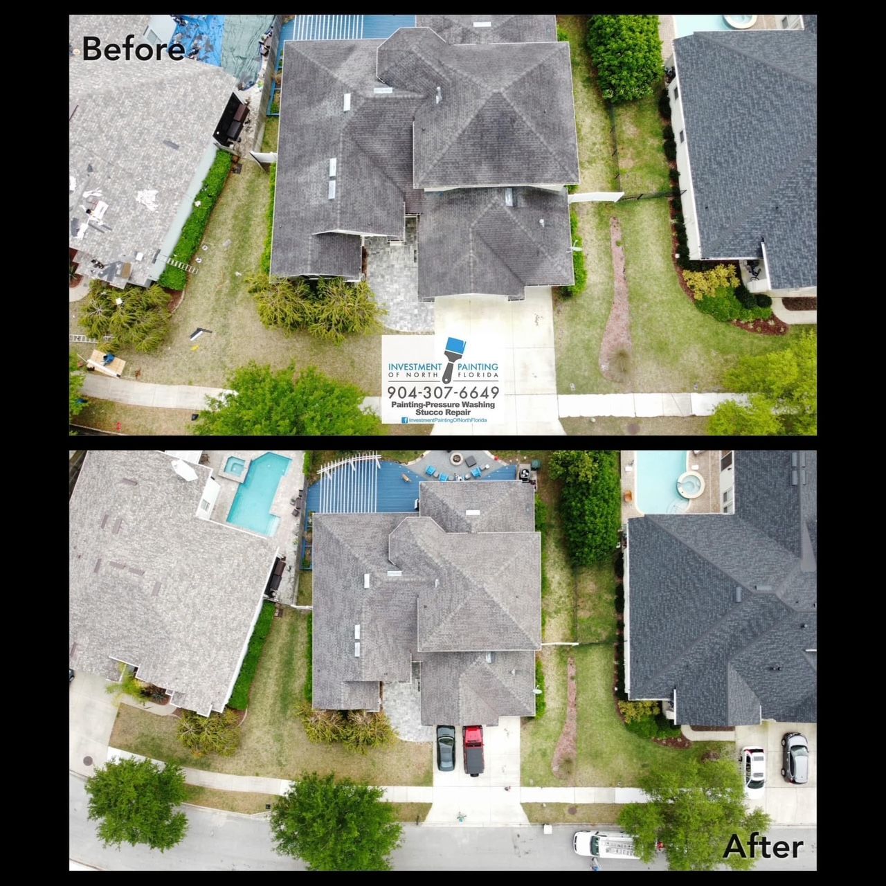 An aerial view of a house before and after being painted