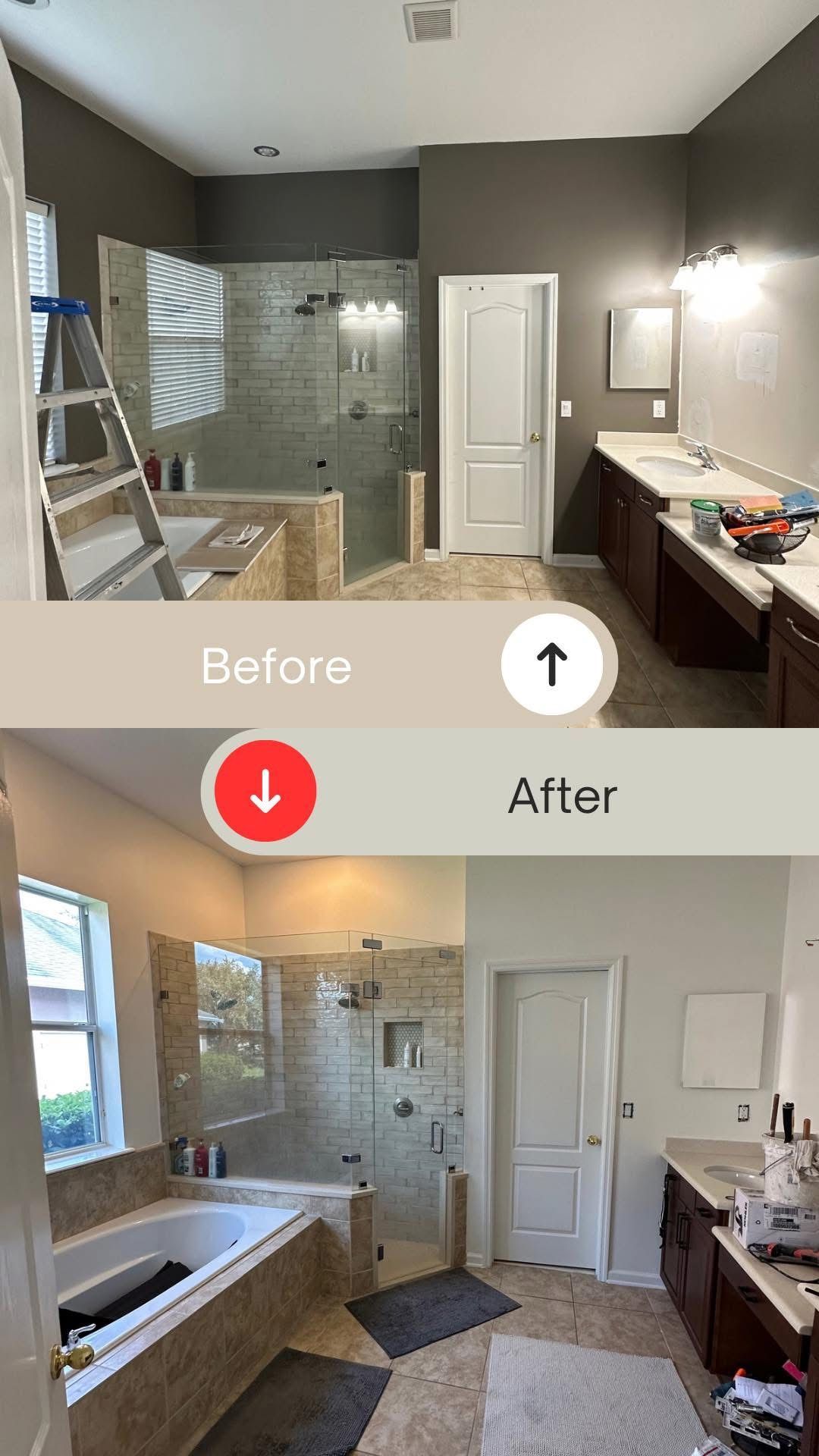 A before and after photo of a bathroom being remodeled.