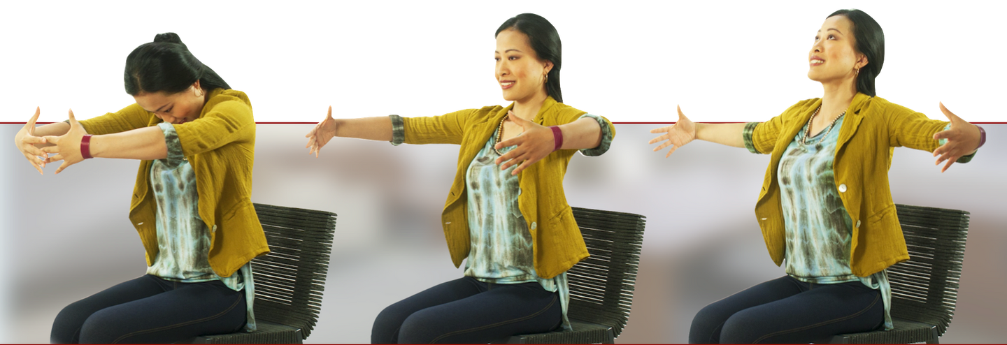 Three positions of a seated arm stretch in an office chair, arms opening wide from a forward fold to an upward gaze.