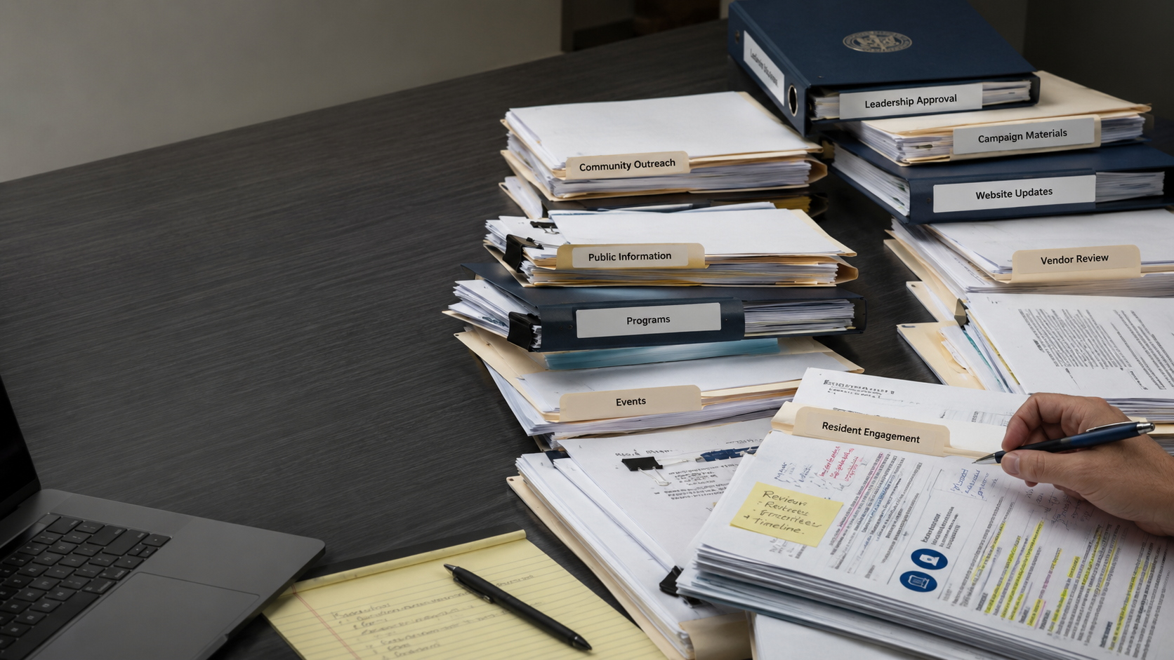 The D5 Group. Public Sector emplye's busy work desk.