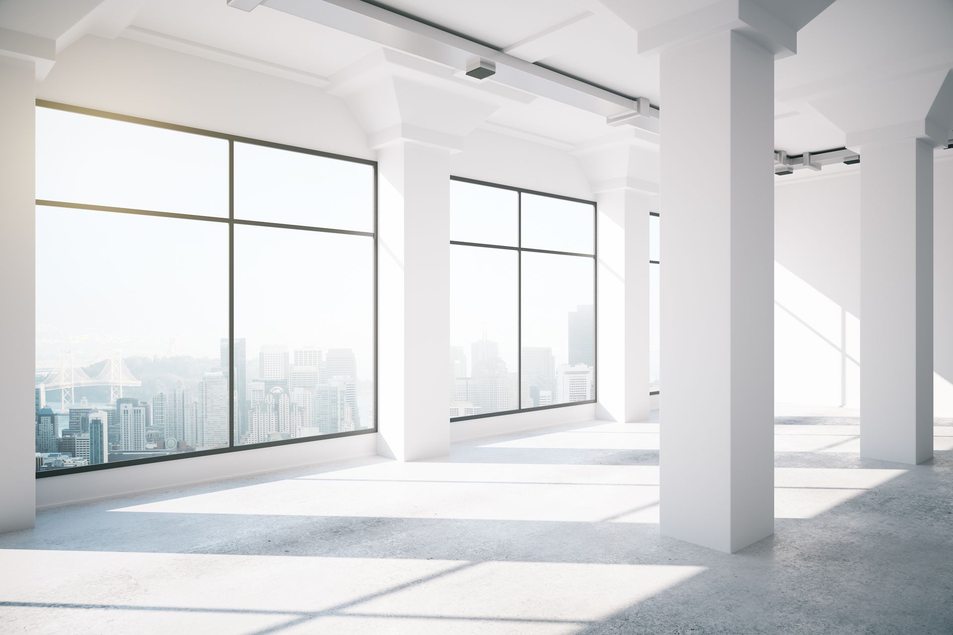 Empty white loft interior with big windows, 3d render.
