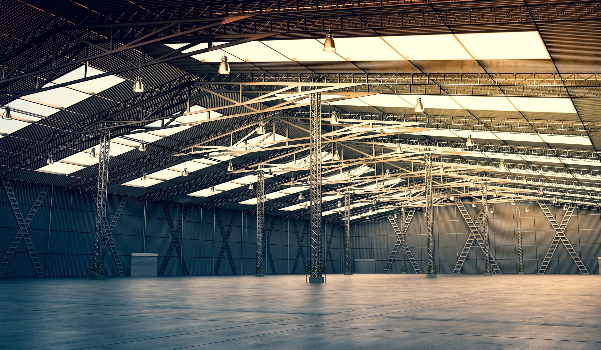Empty warehouse with roof windows and several pillars - 3D illustration.
