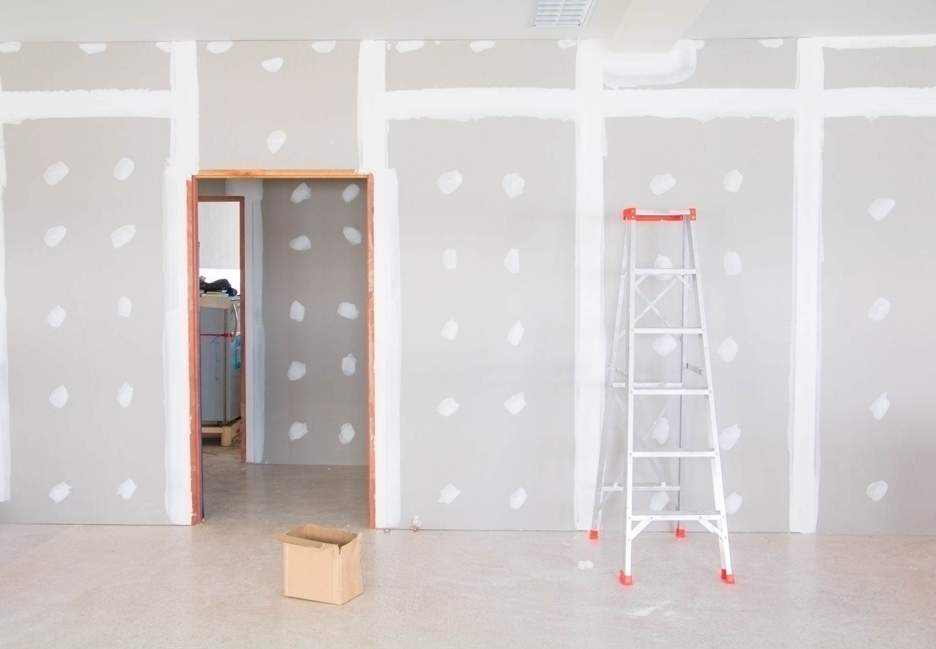 stair and gypsum board wall interior decoration of home at construction site with copy space add text.