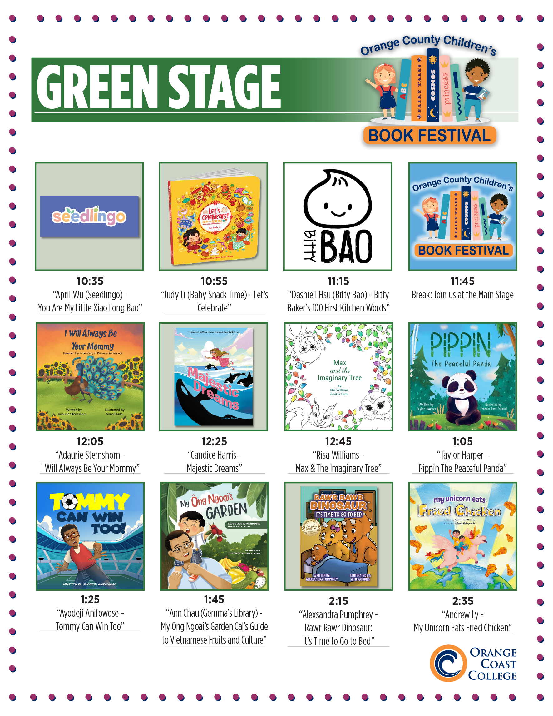 2026 Orange County Children's Book Festival Green Stage schedule.