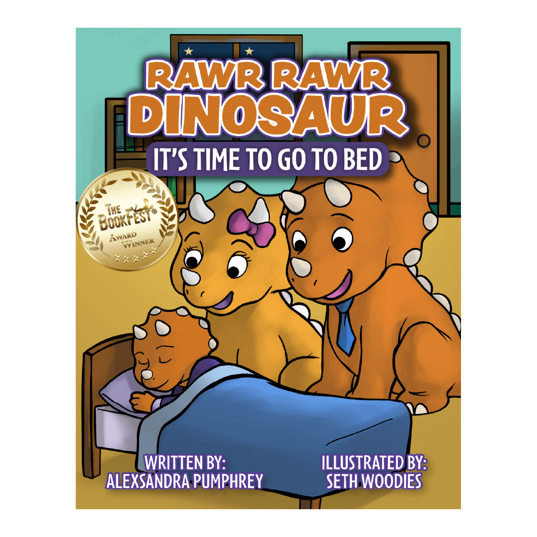 Two big dinosaurs looking at a little dinosaur asleep in bed. Text: Rawr Rawr Dinosaur. It's Time to Go to Bed. The Book Fest Award Winner.