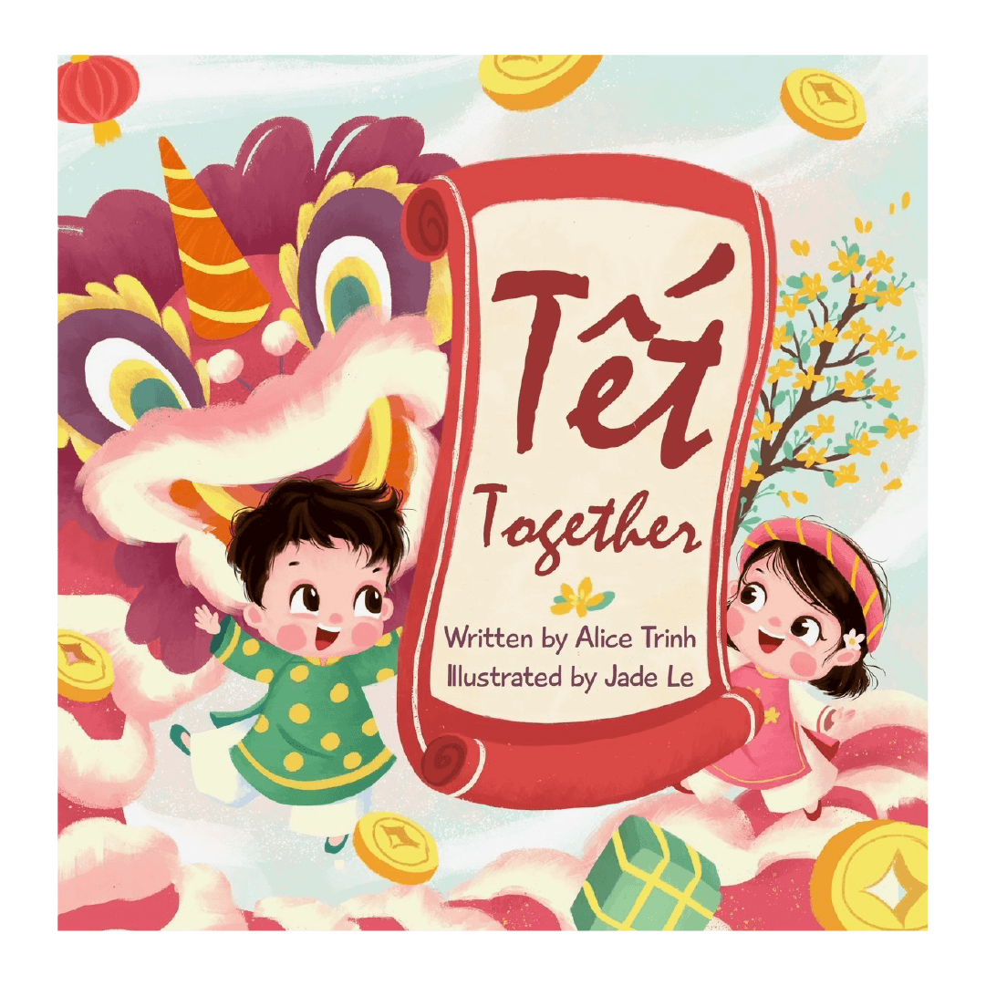 Two happy children celebrating a cultural tradition. Text: Tet Together