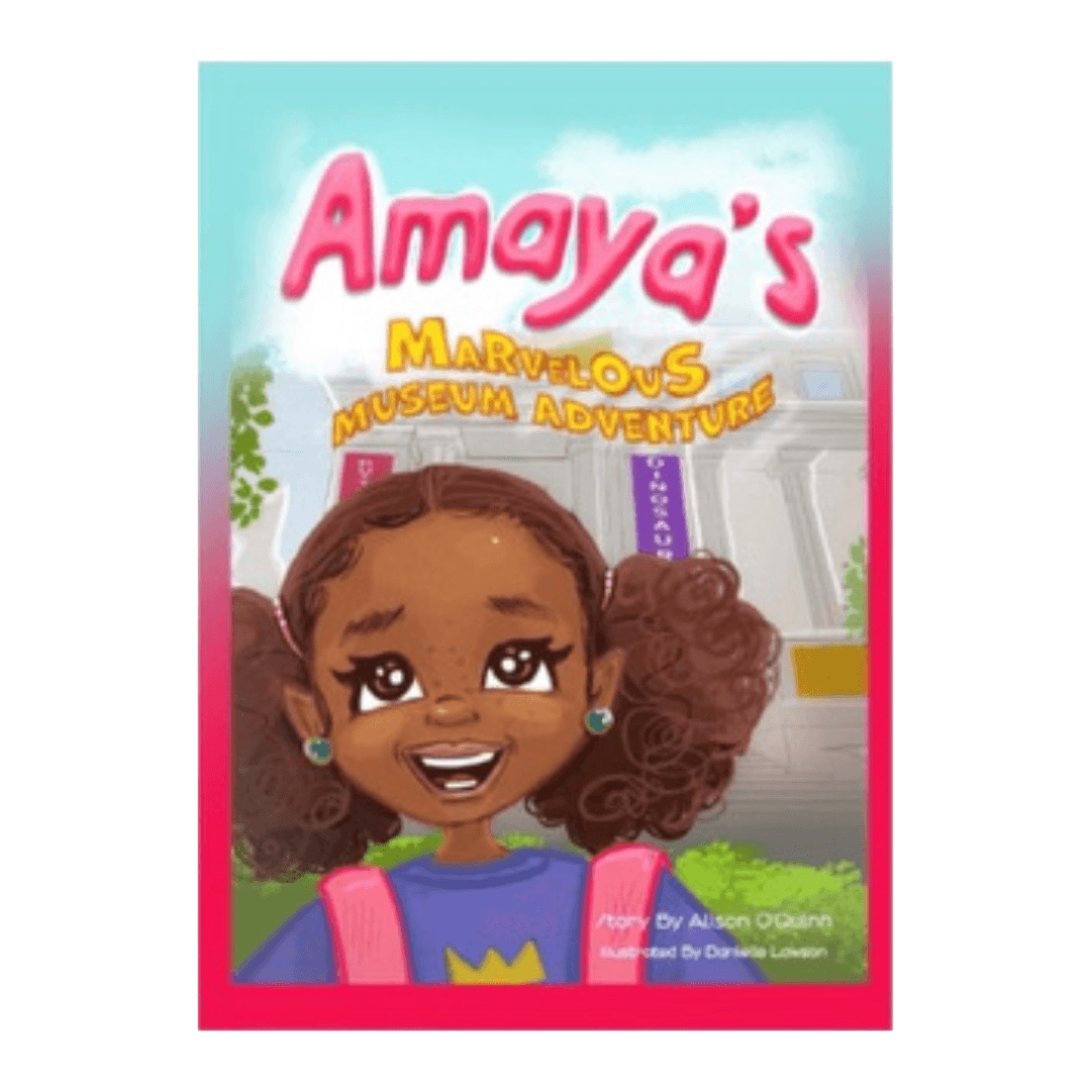 Young girl in front of a museum. Text: Amaya