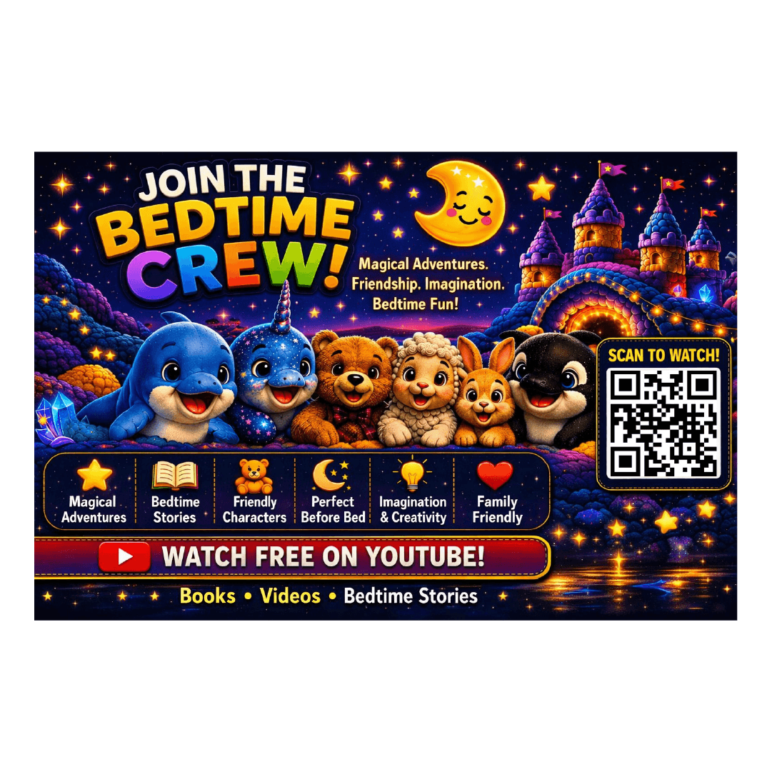 Magical night scene with animal characters and a castle. Text: Join the Bedtime Crew! Magical Adventures. Friendship. Imagination. Bedtime Fun. Bedtime Stories. Family Friendly. Perfect Before Bed. Imagination & Creativity. Watch Free on YouTube
