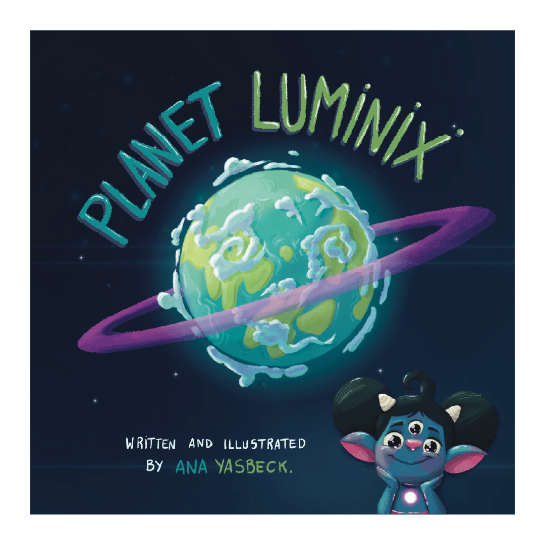 Planet with a ring around it and an alien. Text: Planet Luminix