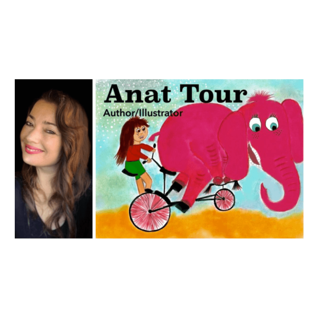 Author image and book cover of young girl and large pink elephant on a bike. Text: Anat Tour. Author/Illustrator