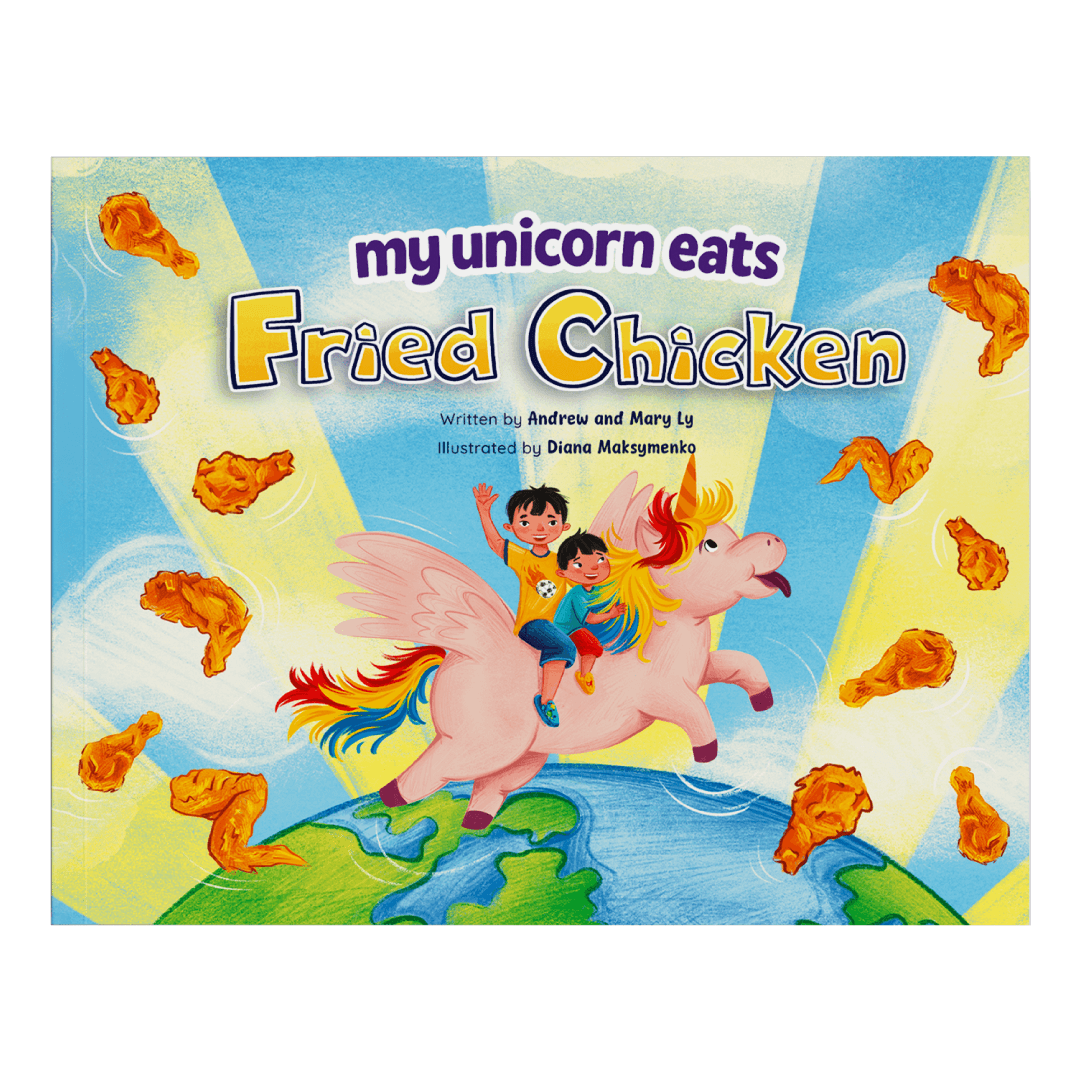 Two children riding a unicorn through flying pieces of fried chicken. Text: My Unicorn Eats Fried Chicken