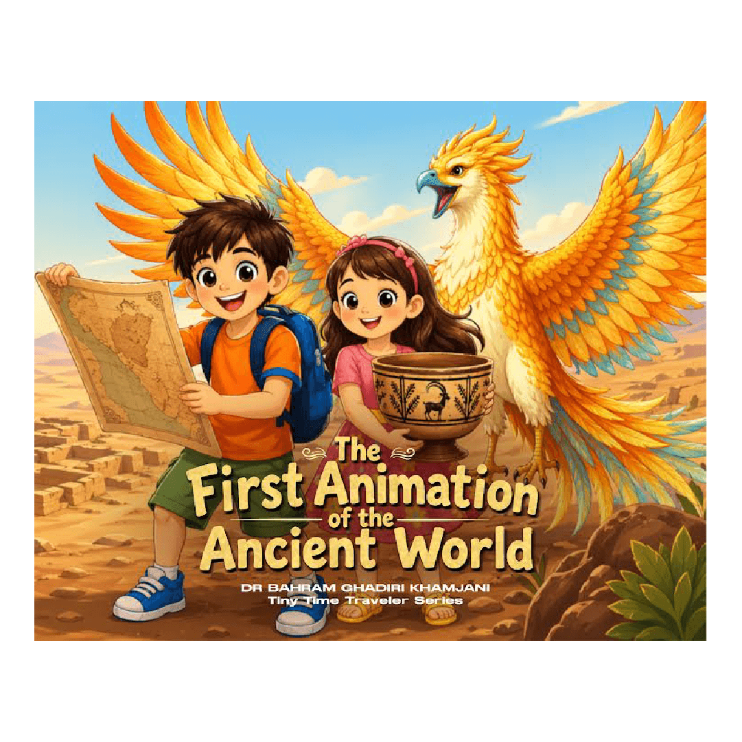 Two smiling children holding a map and pottery, with a large bird behind them. Text: The First Animation of the Ancient World. Tiny Time Traveler Series