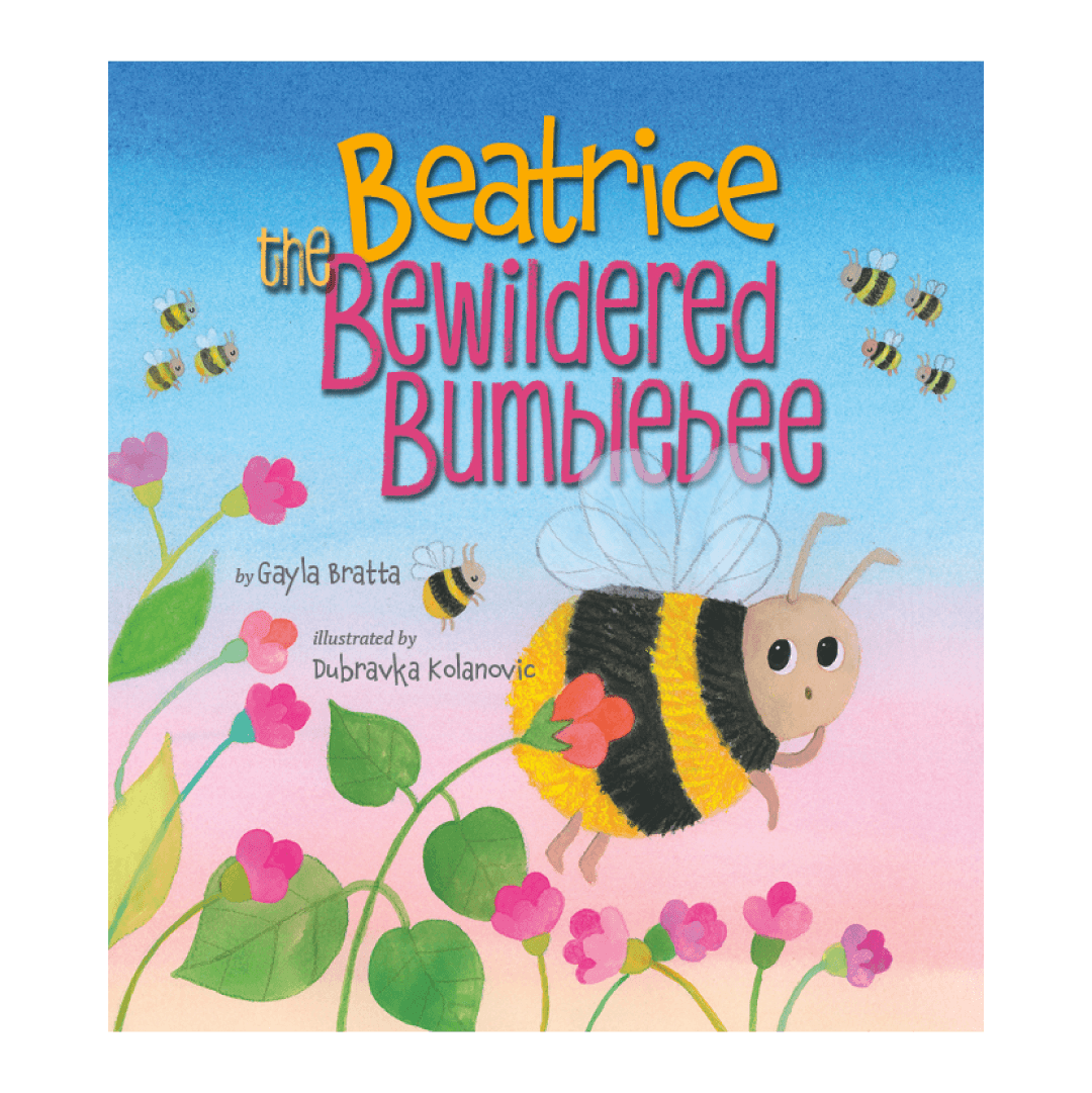 A bumblee flying with a surprised expression. Text: Beatrice the Bewildered Bumblebee