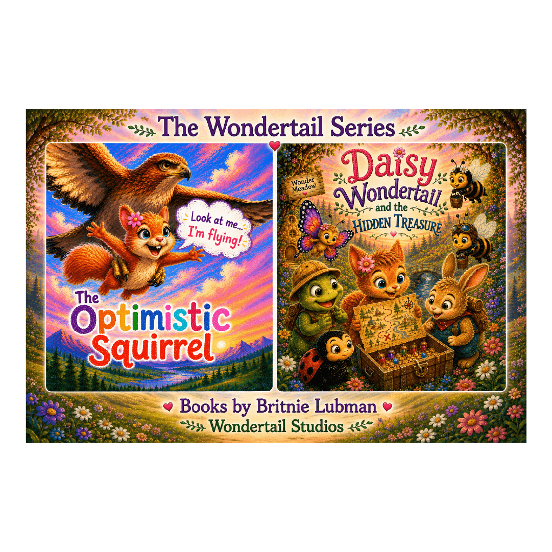 Two book covers. First cover: A happy squirrel flying in the talons of a bird. Text: The Optimistic Squirrel. Look at me. I'm flying! Second cover: Squirrel and animal friends looking at a treasure map and chest in the woods. Text: Daisy Wondertail and the Hidden Treasure.