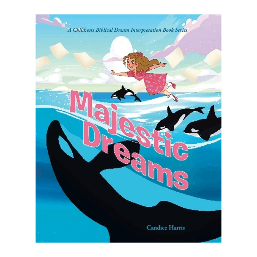 A girl in the sky above swimming killer sharks. Text: Majestic Dreams. A Children