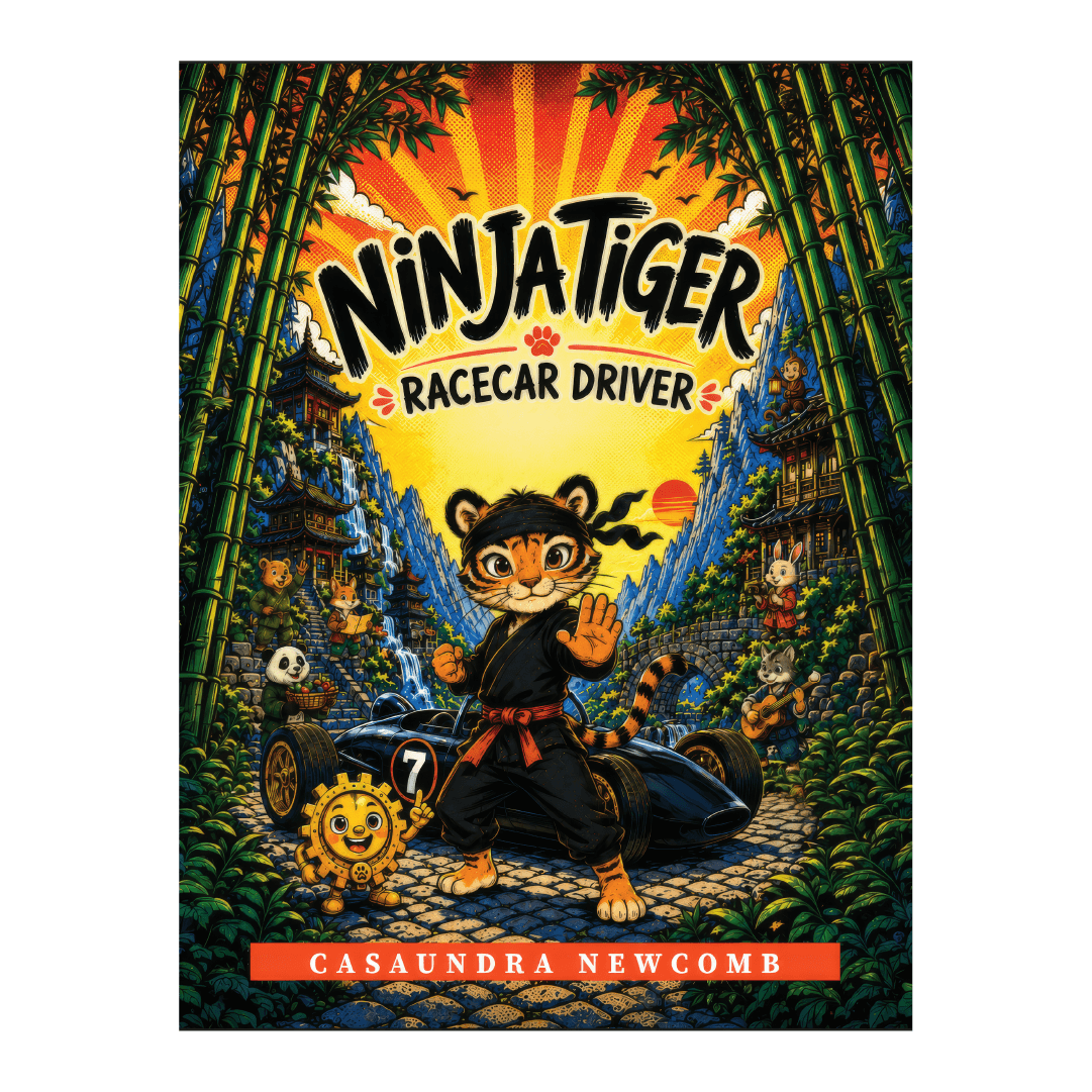 Ninja-dressed tiger standing in front of a race car in a mountain village with other animals. Text: Ninja Tiger. Racecar Driver
