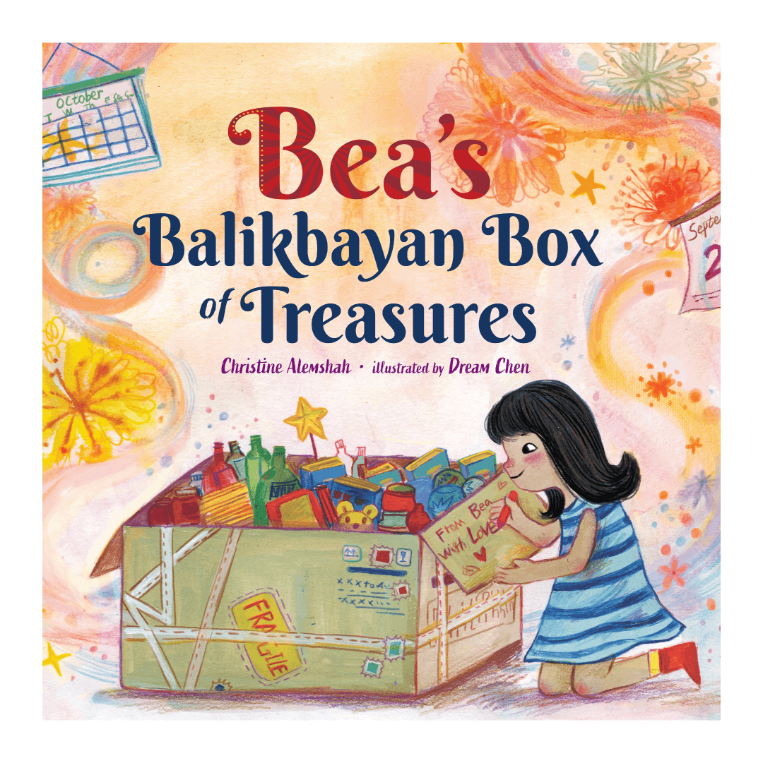 A girl is writing on a big box filled with various objects. Text: Bea