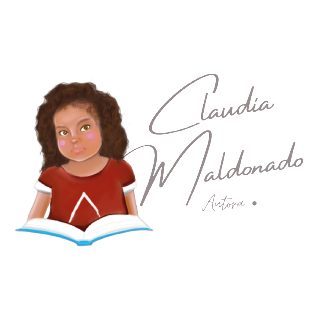 Young girl with an open book. Text: Claudia Maldonado. Autora