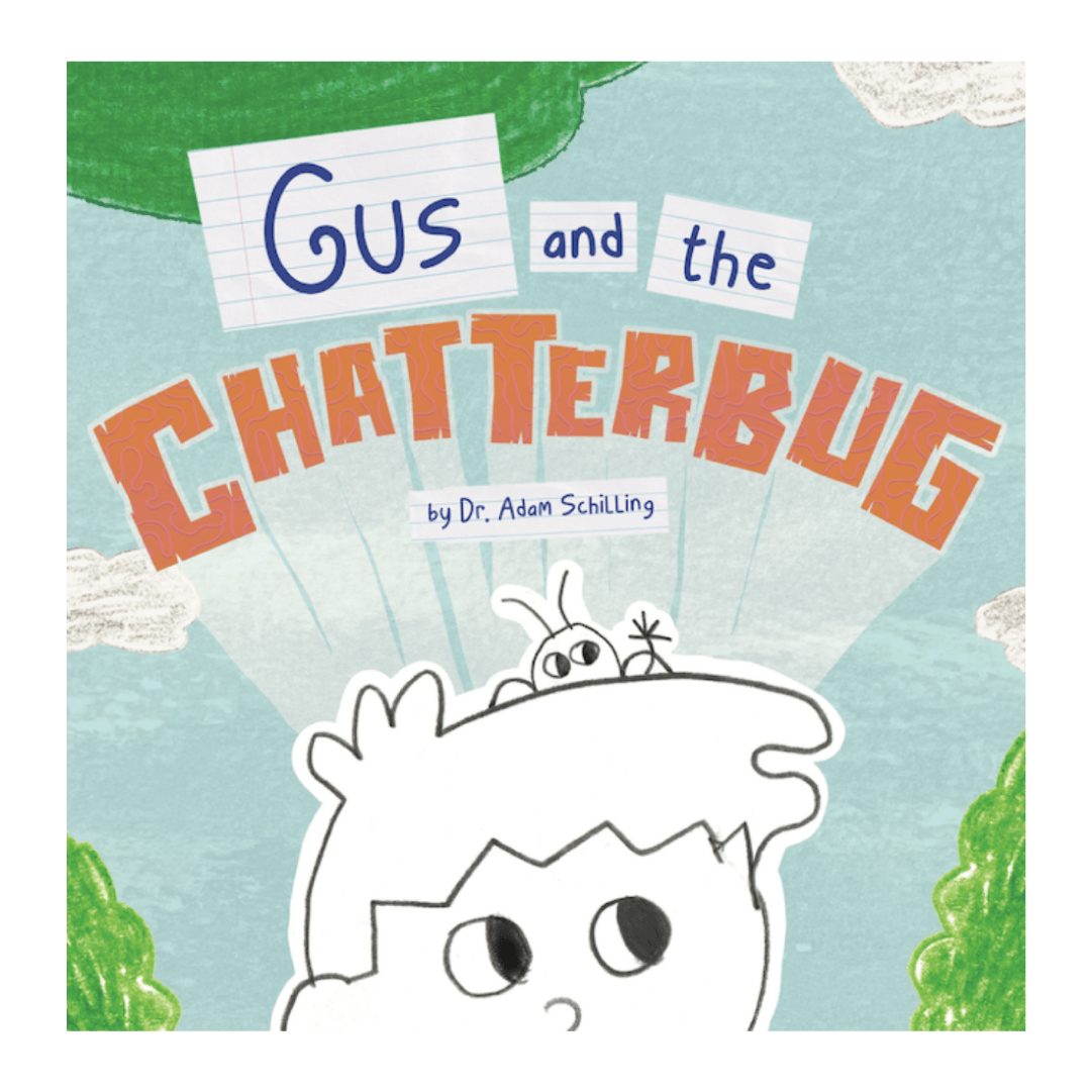 A child with a small bug on their head. Text: Gus and the Chatterbug