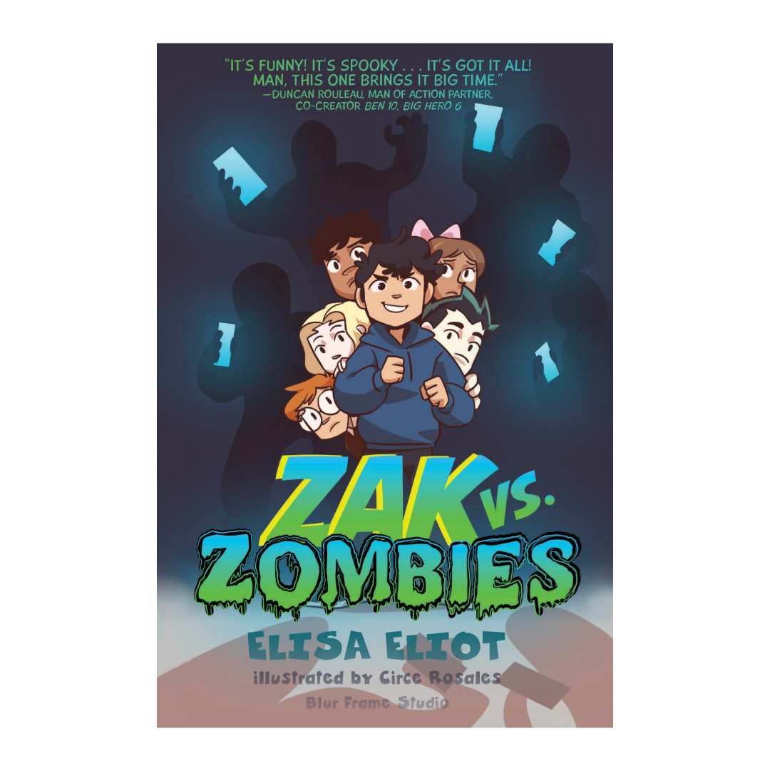 Zak and some kids followed by zombies with cellphones. Text: Zak vs. Zombies
