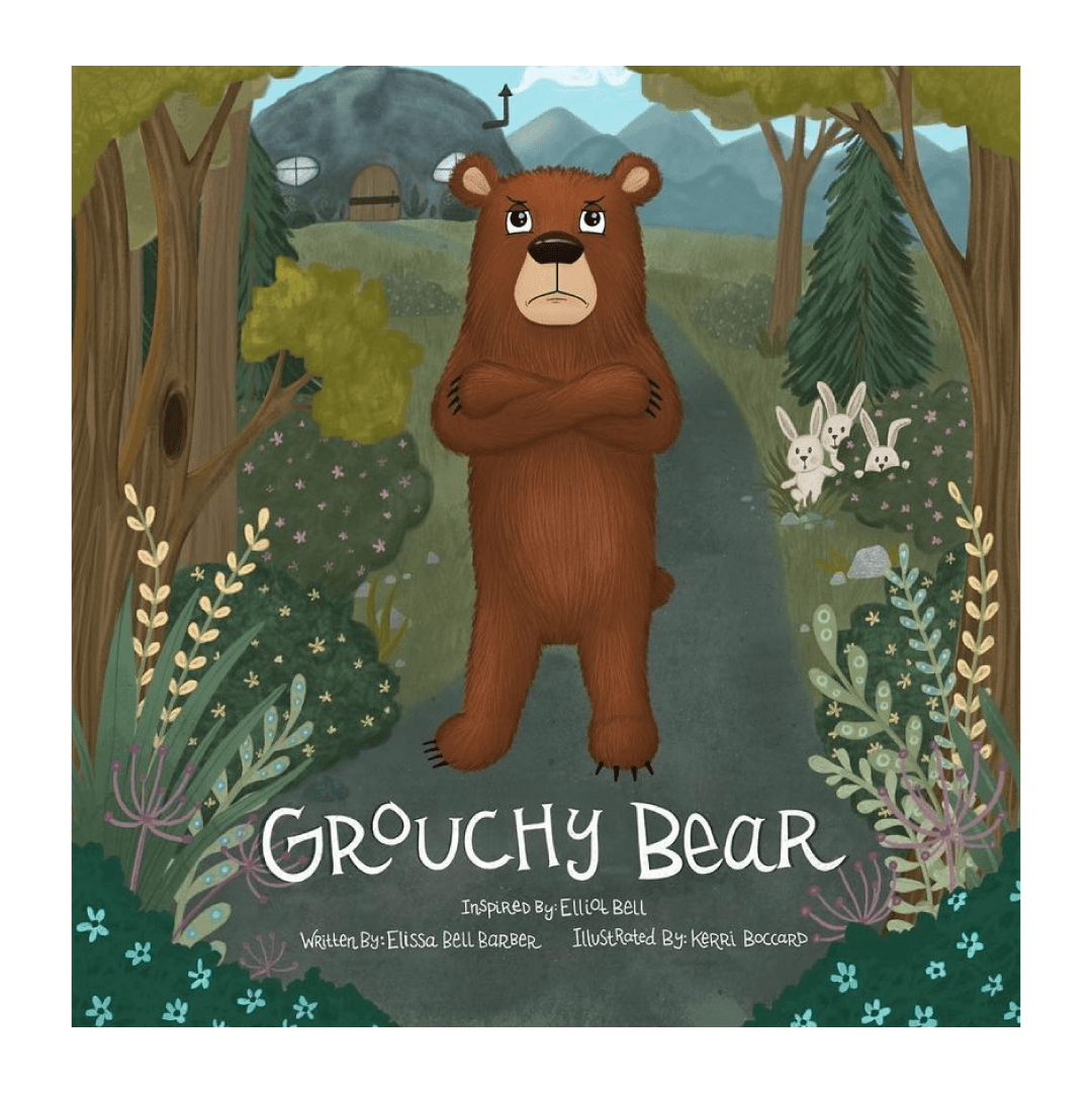 Unhappy bear with arms crossed in the forest. Text: Grouchy Bear. Inspired by Elliot Bell