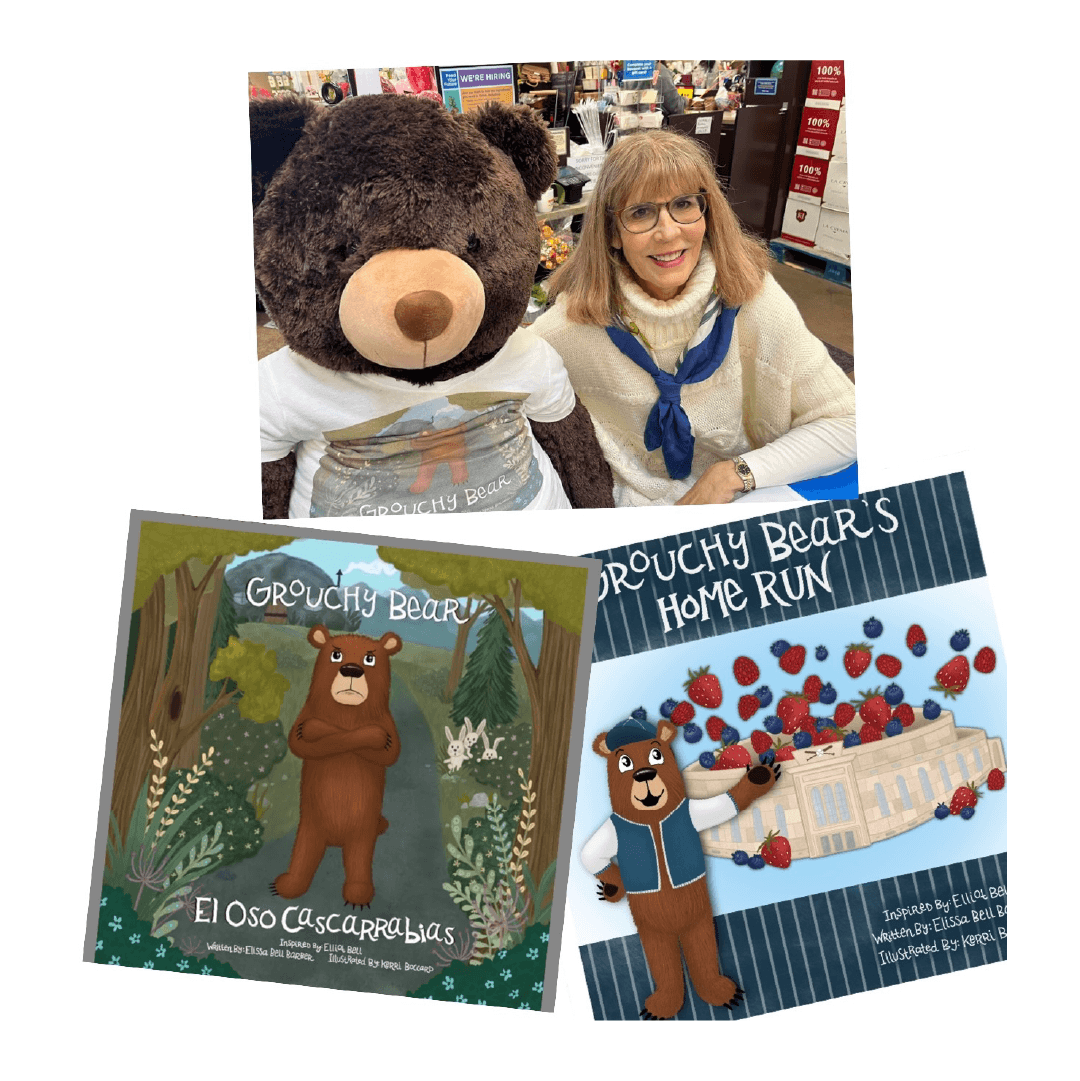 Author and large teddy bear, along with two book covers. Text: Grouchy Bear. El Oso Cascarrabias. Text: Grouchy Bear's Home Run
