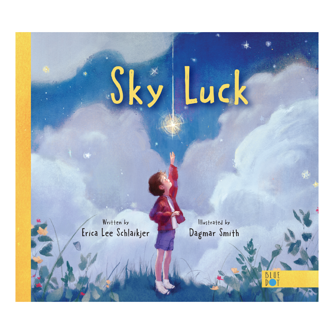 Child reaching up to a twinkling star. Text: Sky Luck