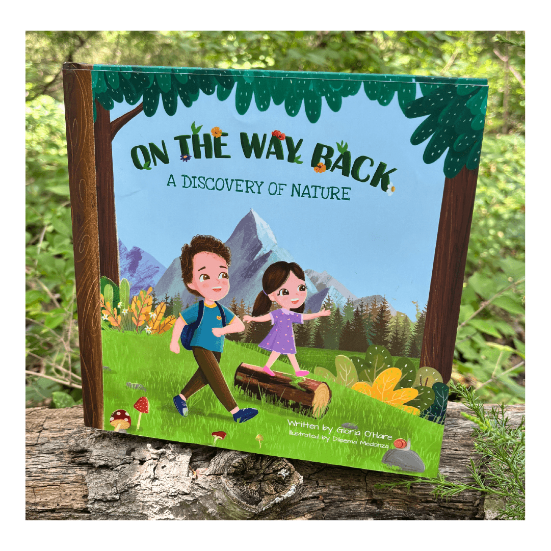 Two kids walking in the woods. Text: On the Way Back. A Discovery of Nature