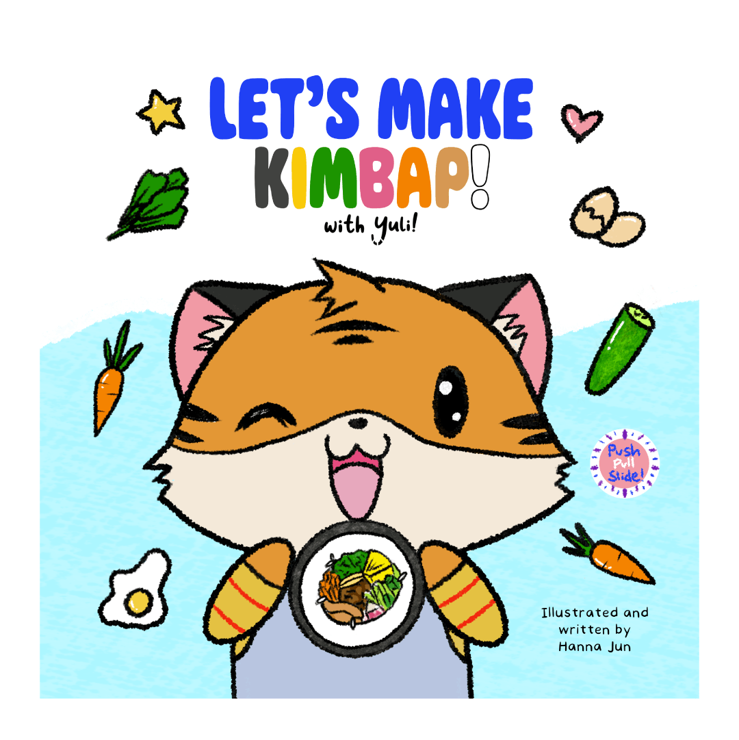 Tiger, surrounded by ingredients, holding kimbap. Text: Let
