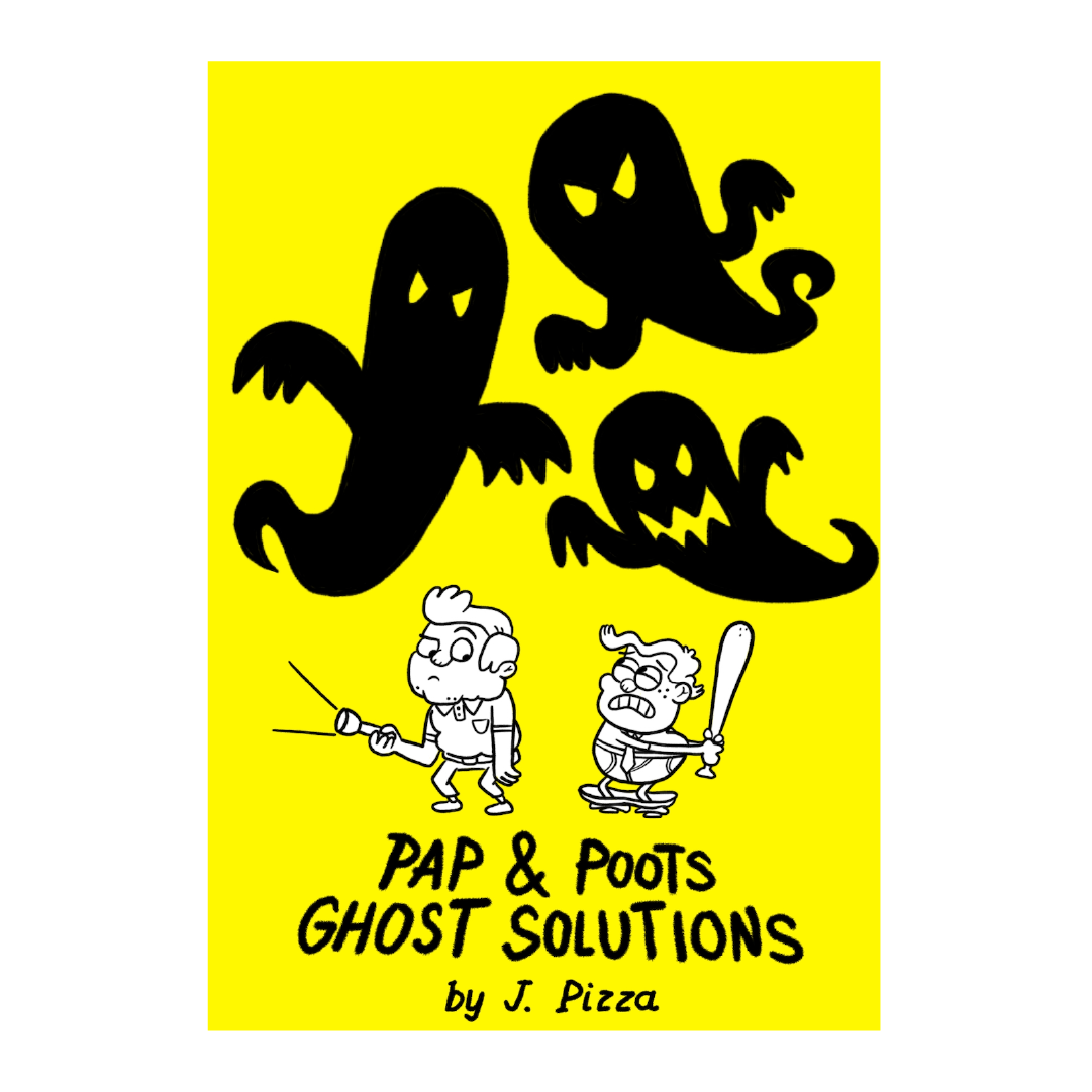 Three scary ghosts above a person with a flashlight and another person whose pants fell to the floor holding a bat. Text: Pap & Poots. Ghost Solutions