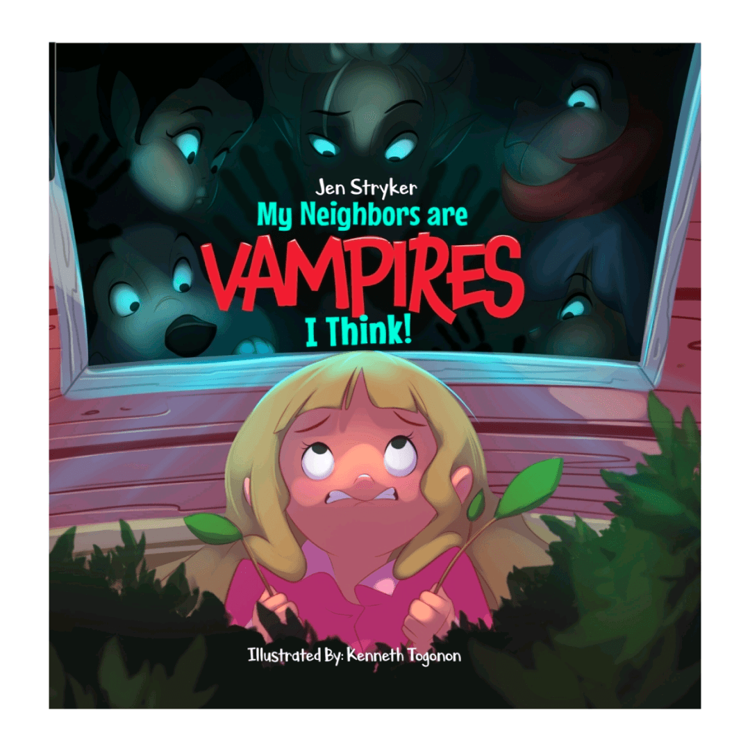 Scared girl in the pushes looks up at a window with faces. Text: My Neighbors are Vampires I Think