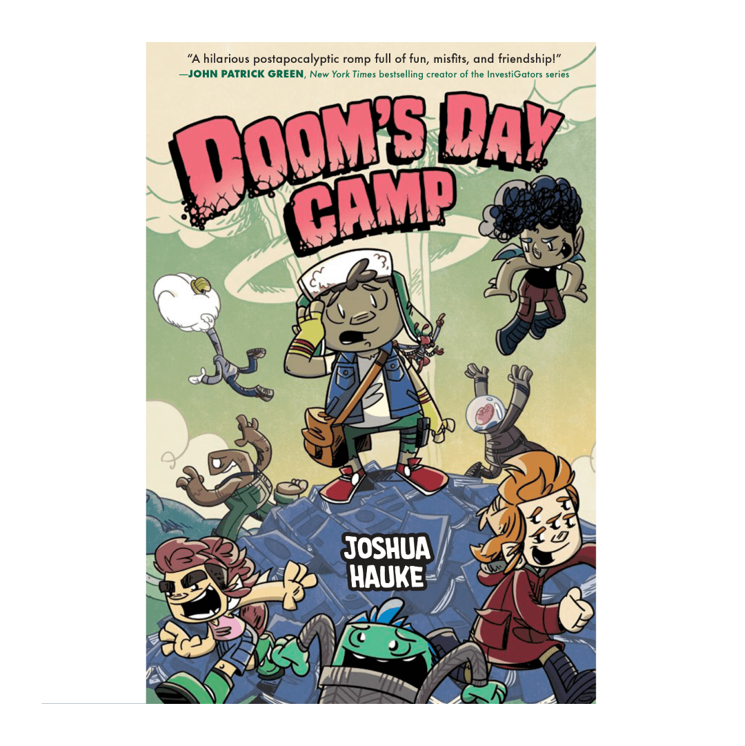 Overwhelmed young person with unusual characters running away. Text: Doom