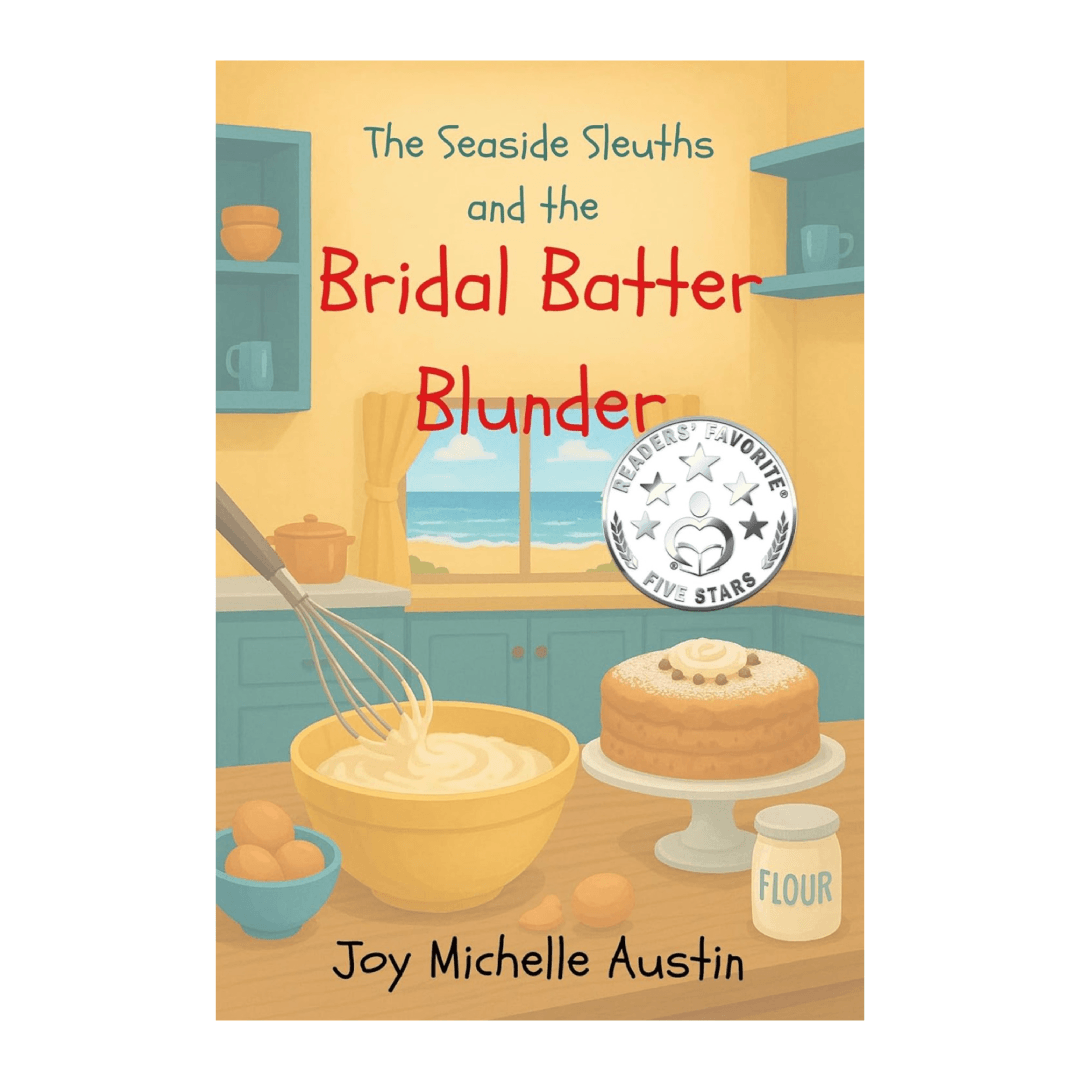 In the kitchen with a bowl of batter and a cake on a stand. Text: The Seaside Sleuths and the Bridal Batter Blunder. Readers