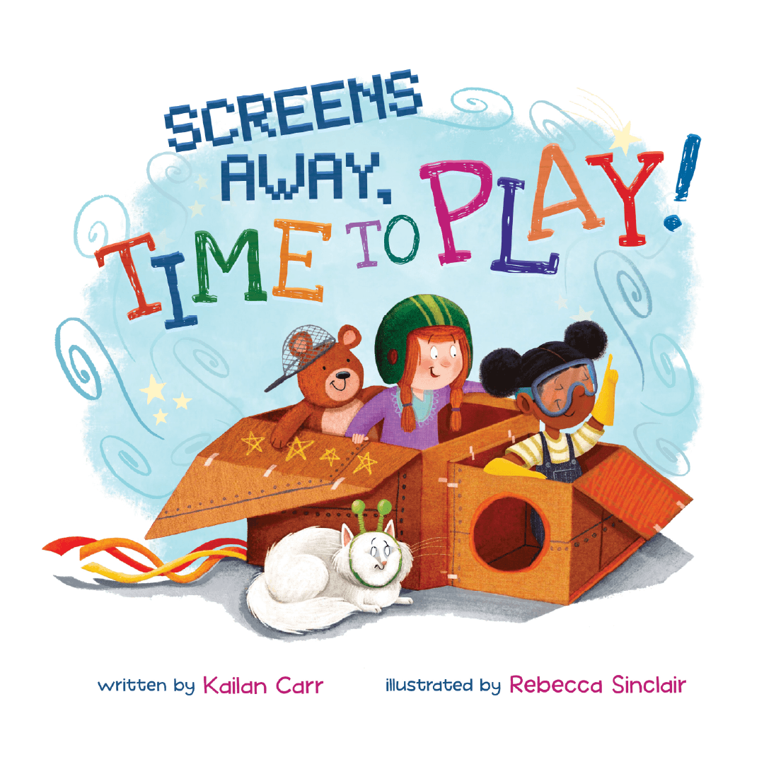 Two kids and a teddy bear playing in boxes. Text: Screens Away, Time to Play!