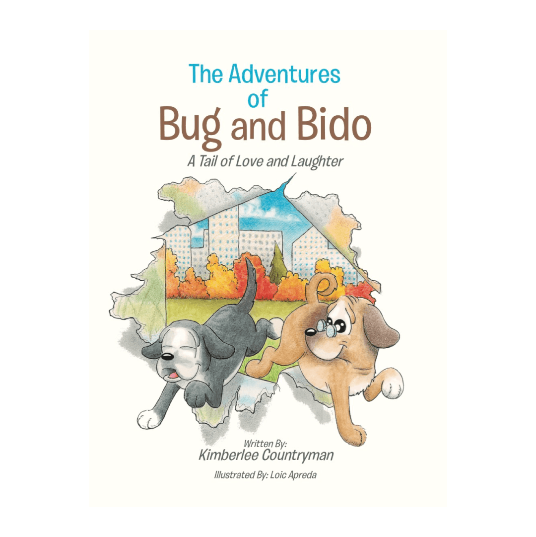 Two dogs breaking through a hole in paper. Text: The Adventures of Bug and Bido. A Tail of Love and Laughter