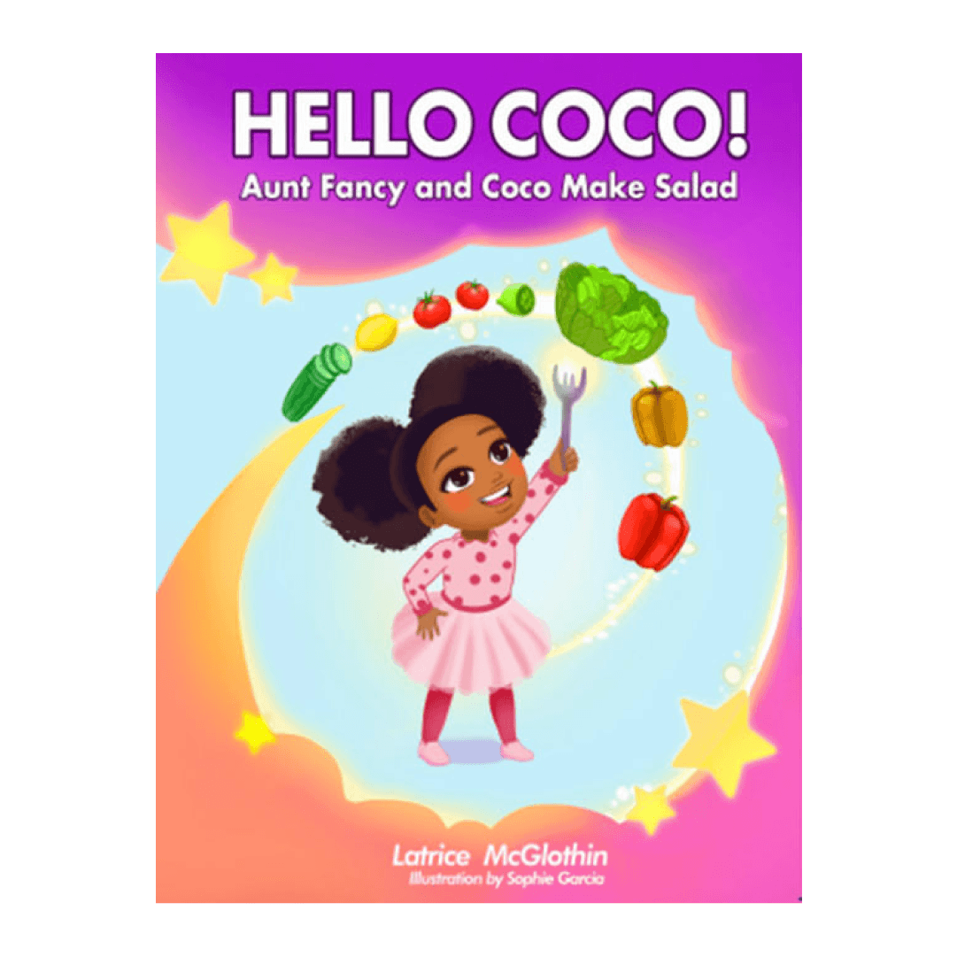 Girl holding a fork like a magic wand with fruits and vegetables in the air