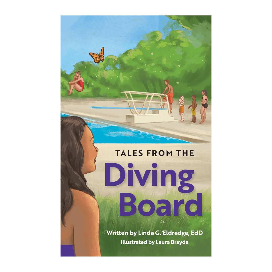 A girl watching the diving board with one already jumping off and other kids waiting. Text: Tales from the Diving Board.