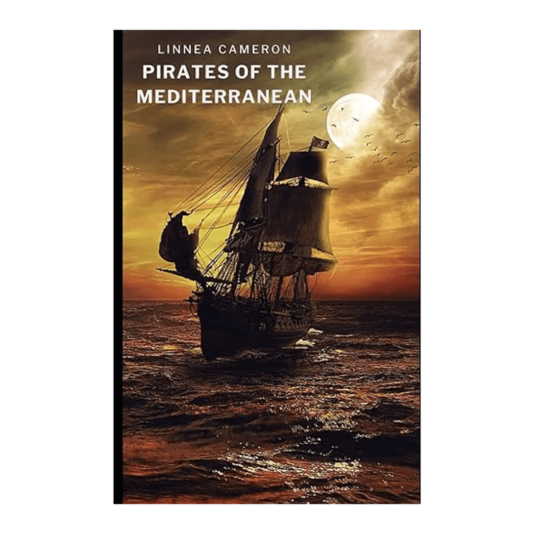 A pirate ship at sea. Text: Pirates of the Mediterranean