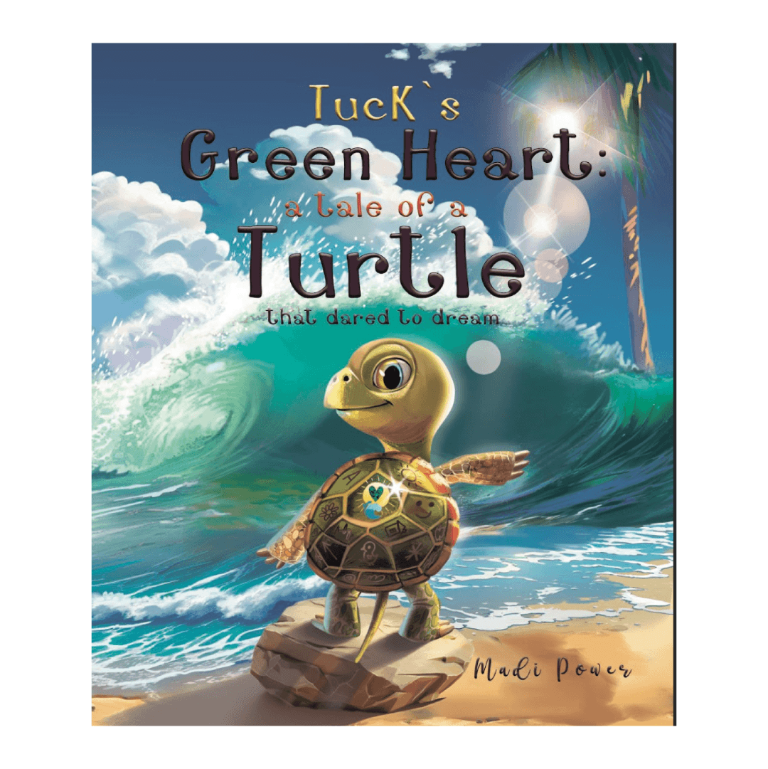 A turtle with a heart on its shell standing at the beach. Text: Tuck