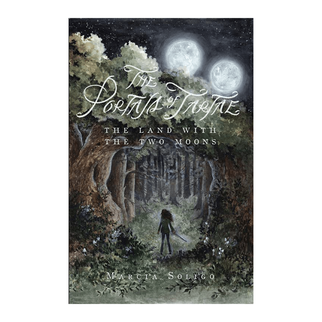 Person holding a sword and entering a dark forest with two moons above. Text: The Portals of Tartae: The Land with the Two Moons