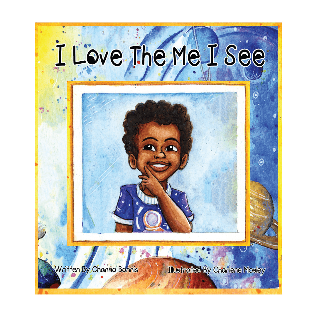 Child wearing an astronaut t-shirt overlayed on background of planets. Text: I Love the Me I See