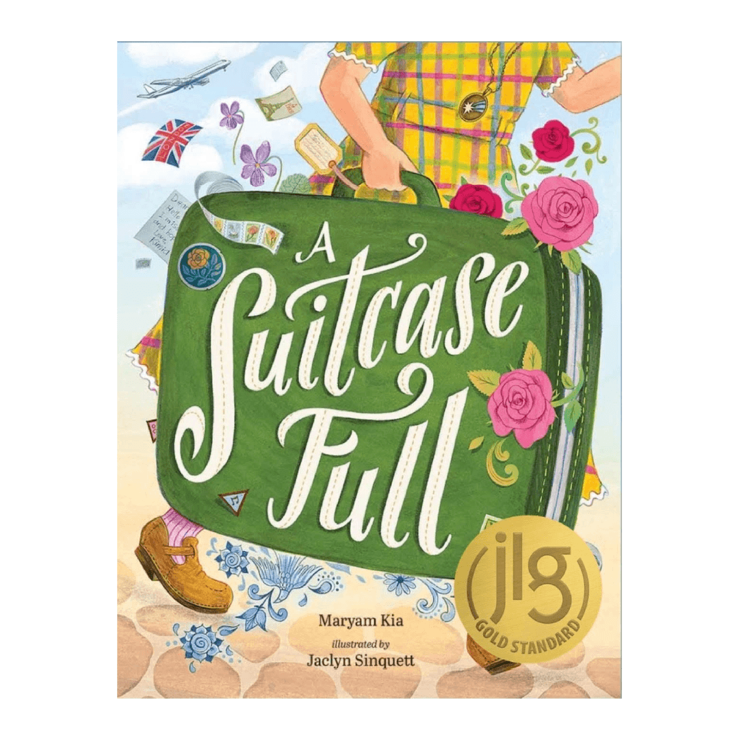 A girl walking with a big suitcase and postcards, stamps, and flowers. Text: A Suitcase Full. JLG Gold Standard