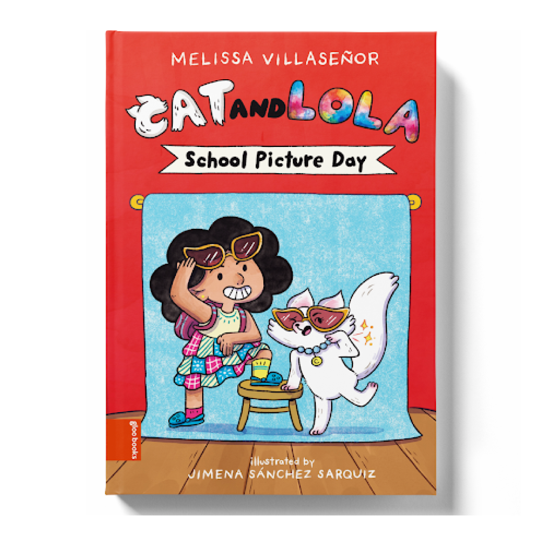 A girl and a cat posing for a photo with sunglasses. Text: Cat and Lola: School Picture Day