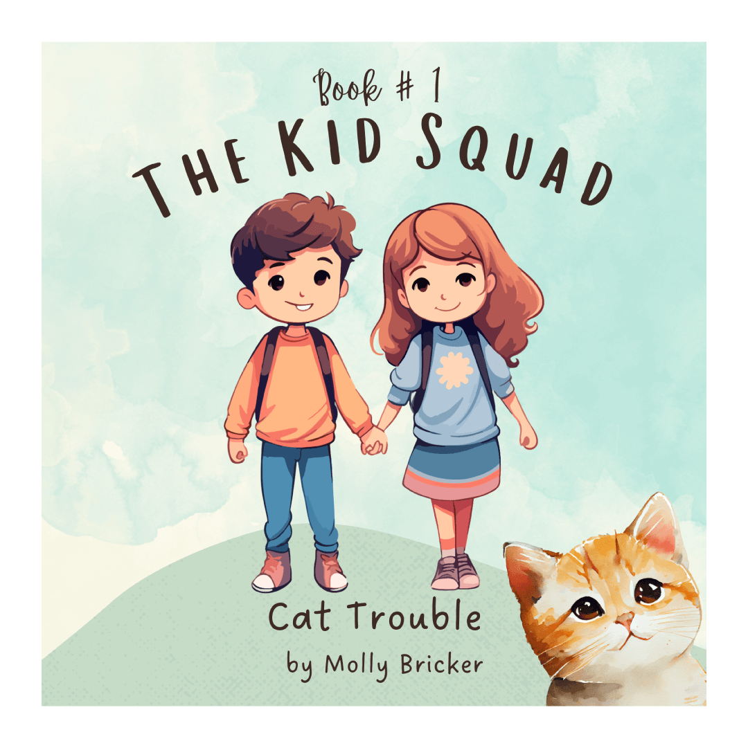 Young boy and girl wearing backpacks and holding hands with a cat in the foreground. Text: Book #1 The Kid Squad: Cat Trouble
