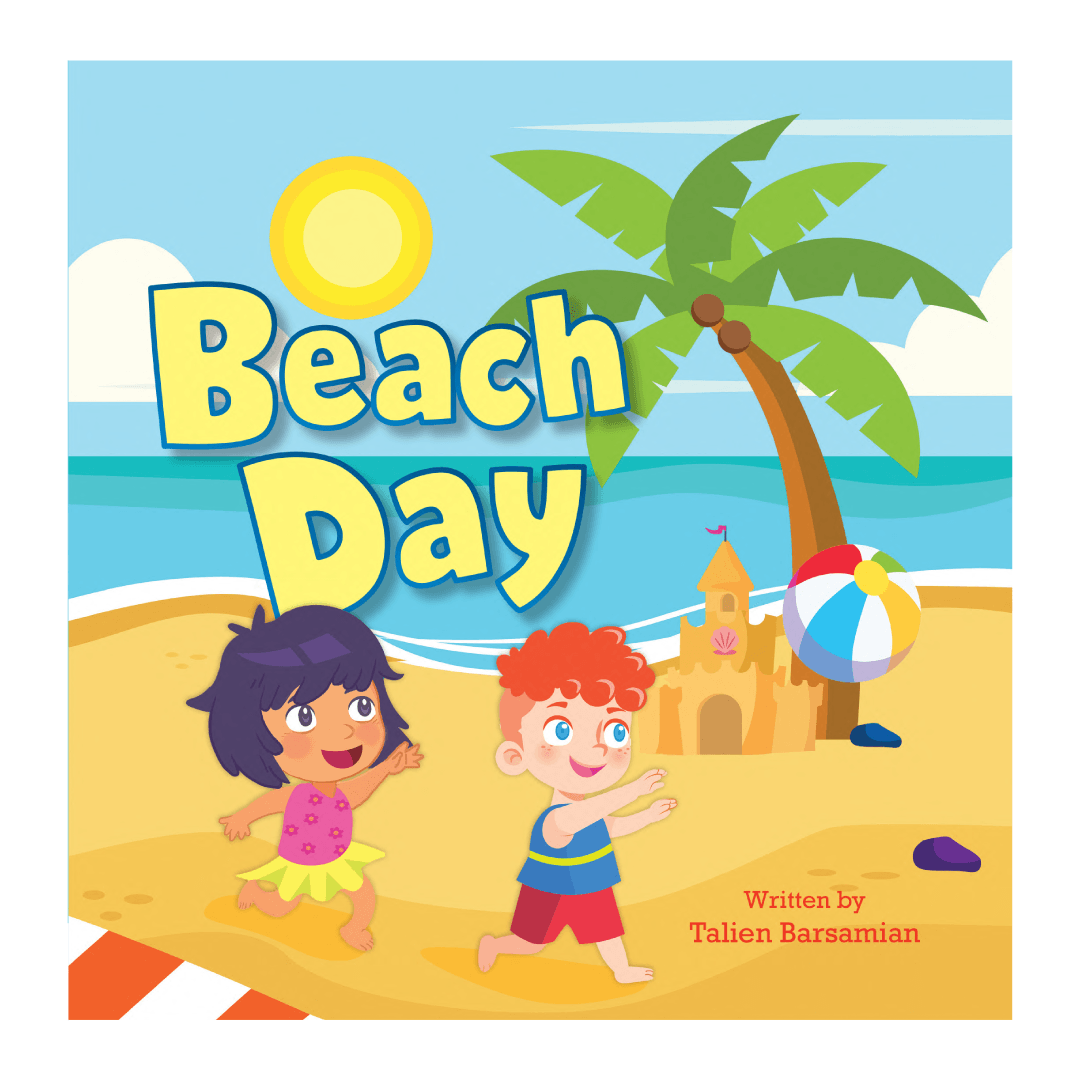 Girl and boy playing ball on the beach. Text: Beach Day
