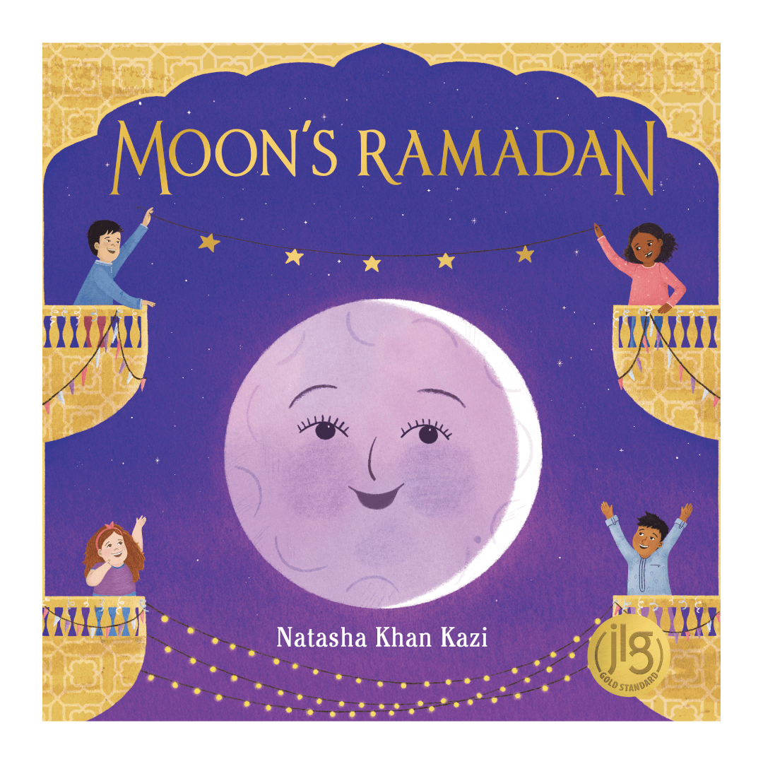 Four happy children each standing on a balcony with a happy moon in the middle. Text: Moon