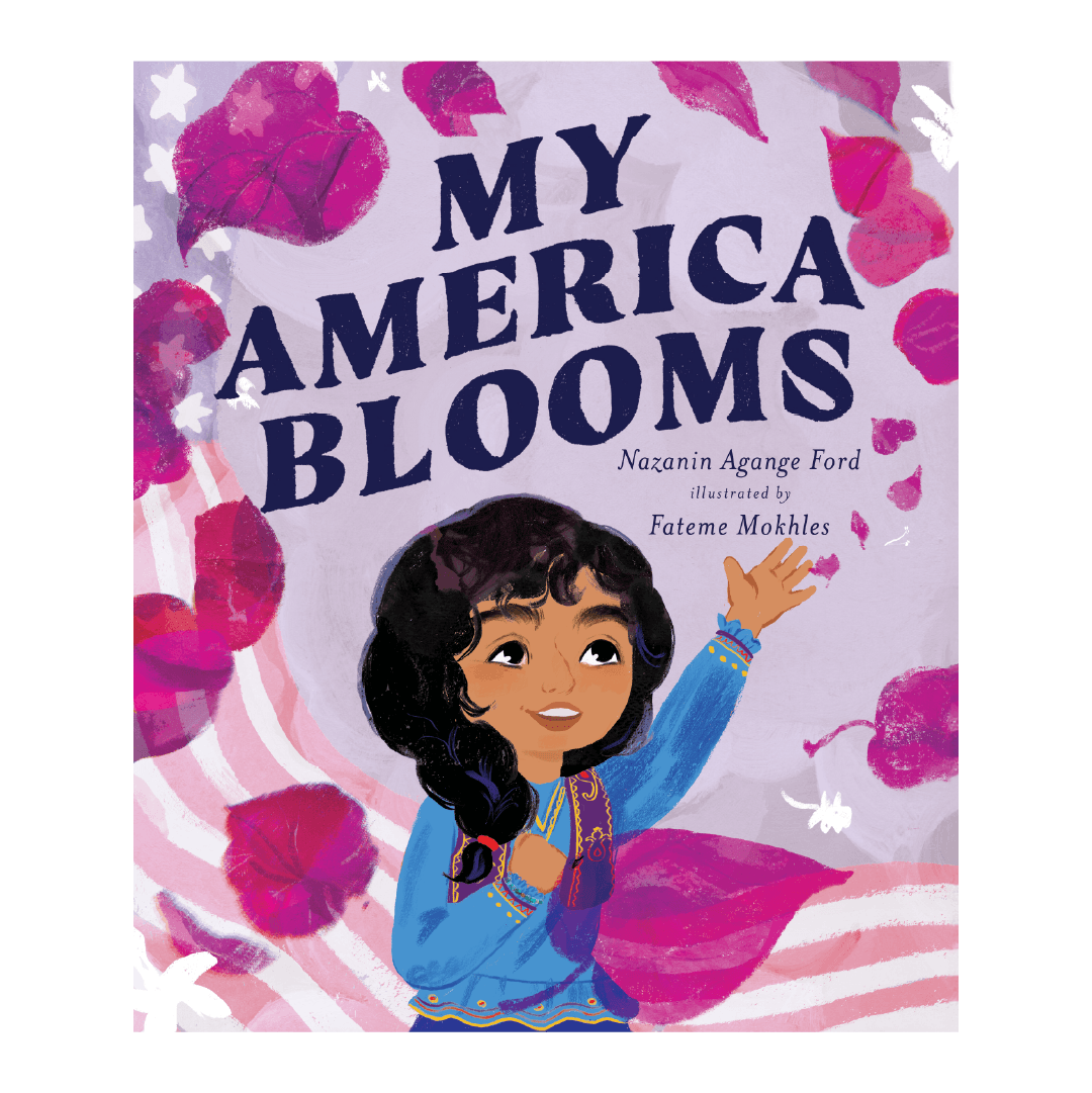 A girl with leaves and the American flag. Text: My America Blooms