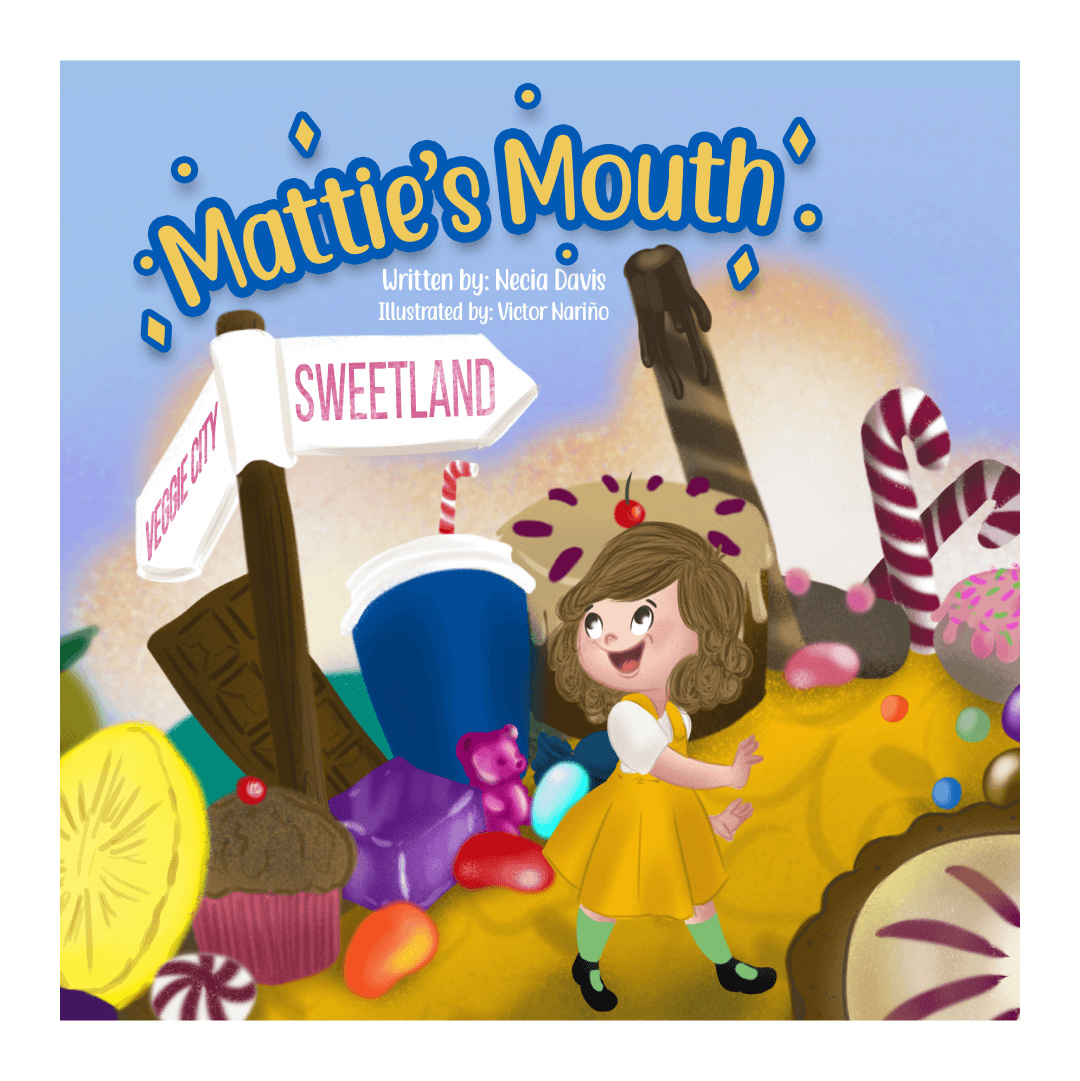 A happy girl walking on a path marked Sweetland with giant sweets instead of the other path marked Veggie City. Text: Mattie